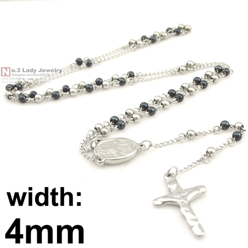 Gokadima Rvs Ketting Mannen Sieraden of Vrouwen Katholieke Rozenkrans Kralen Collier Cross Voor Kerstcadeau, 4mm/6mm: black silver color