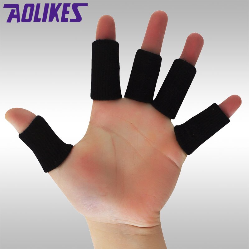 Aolikes 10 stk / sæt elastiske finger ærmer basketball sport sikkerhed tommelfingerbøjle beskytter til volleyball fitness gym sundhedspleje: Sort
