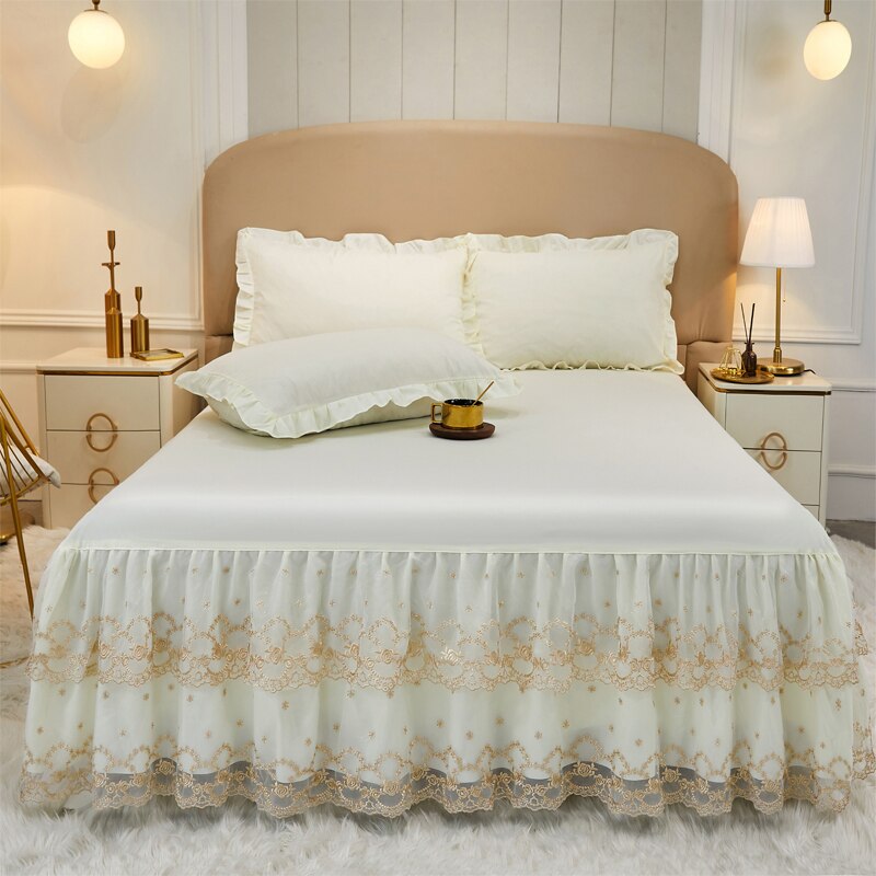 Stickerei Spitze Prinzessin Bett Felsen Doppel Schicht Rüschen Bettlaken Königin Größe Bett Dekoration Röcke Kissen Hochzeit #/: -LD-04-5 / 1pc Rock 150x200cm