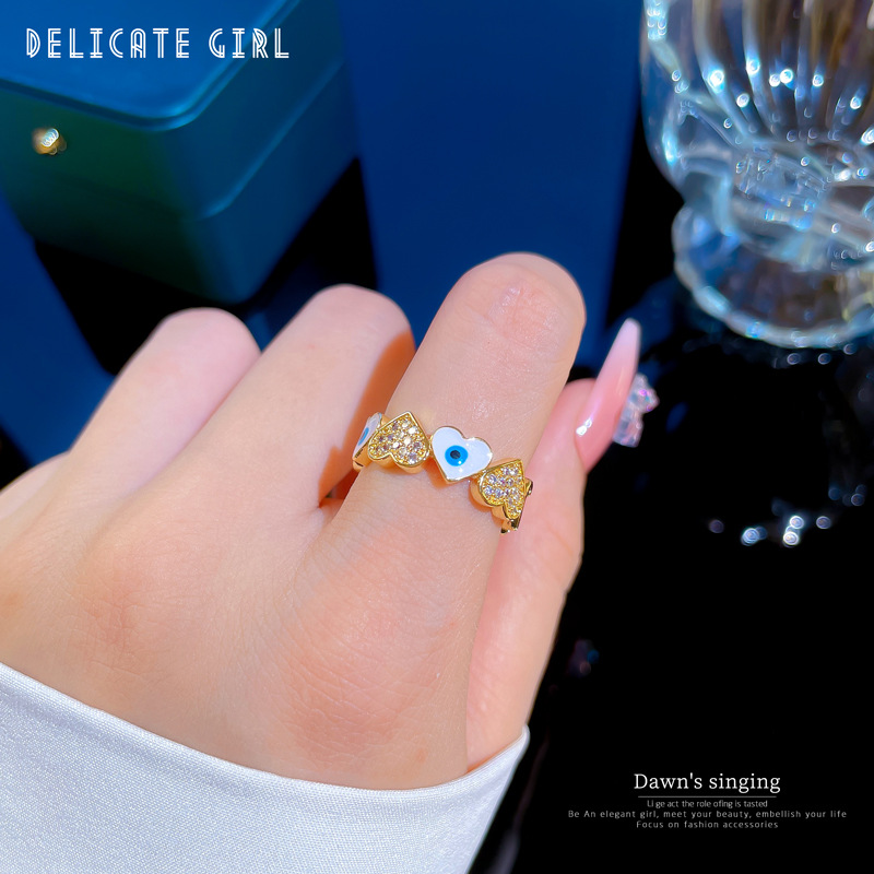 CZ Crystal Enamel Blue Eyes Heart Ring For Women Romantic Heart Stackable Rings Fine Jewerly Wedding Birthday
