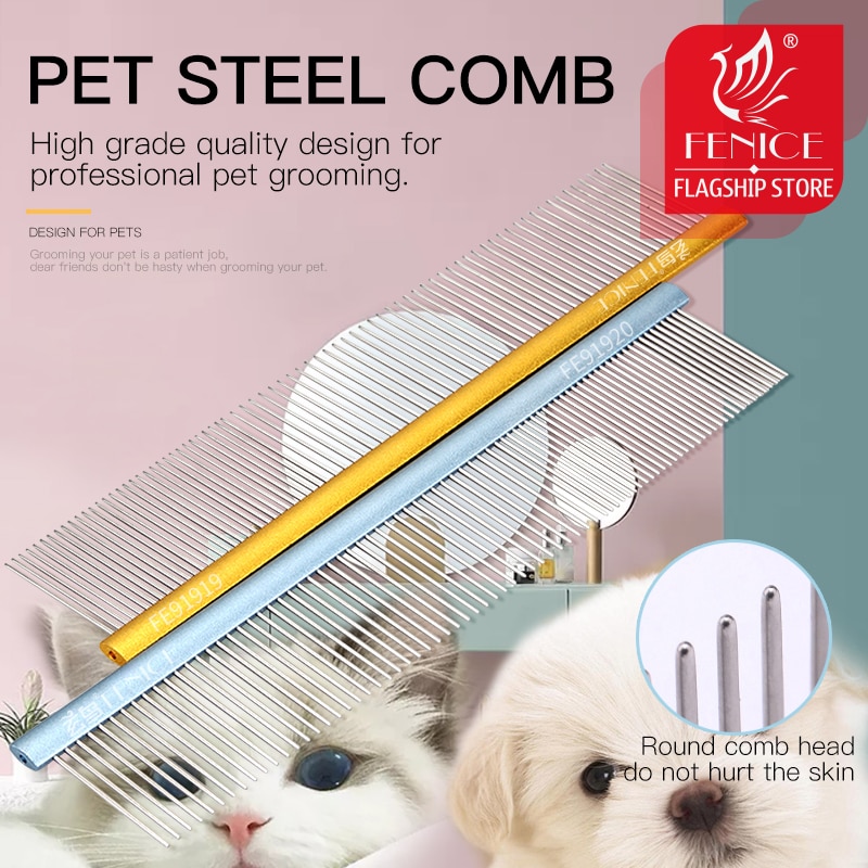 Fenice Rvs Grooming Kam Aluminium Handvat Reiniging Haar Kam Voor Honden/Katten Huisdieren Accessoires