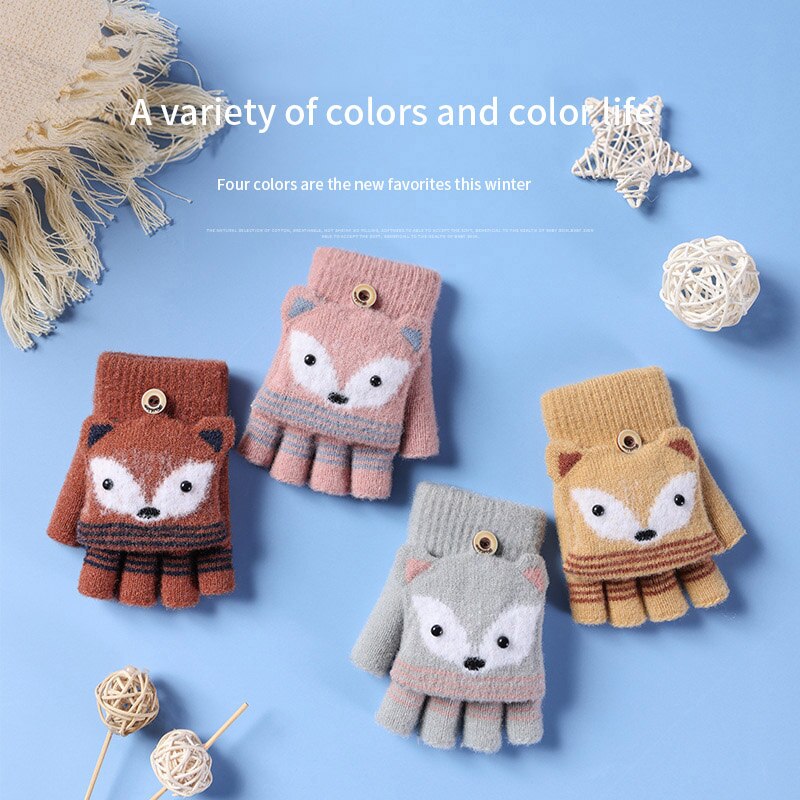 Leuke Cartoon Vos Kinderen Handschoenen Zachte Warme Gebreide Halve Vinger Jongens Meisjes Handschoenen Winter Outdoor Vijf Vingers Baby Handschoenen wanten