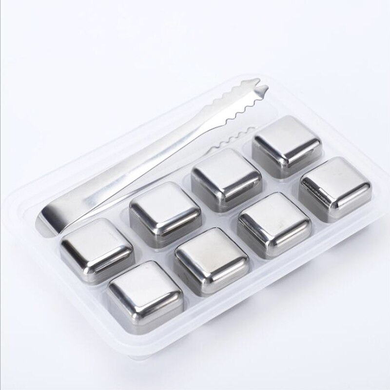 Edelstahl Eiswürfel Whisky Wein Chilling Stein Für Wodka Champagner Würze Mehrweg Kühler Für Bar Werkzeuge Set: 8pcs with Tong