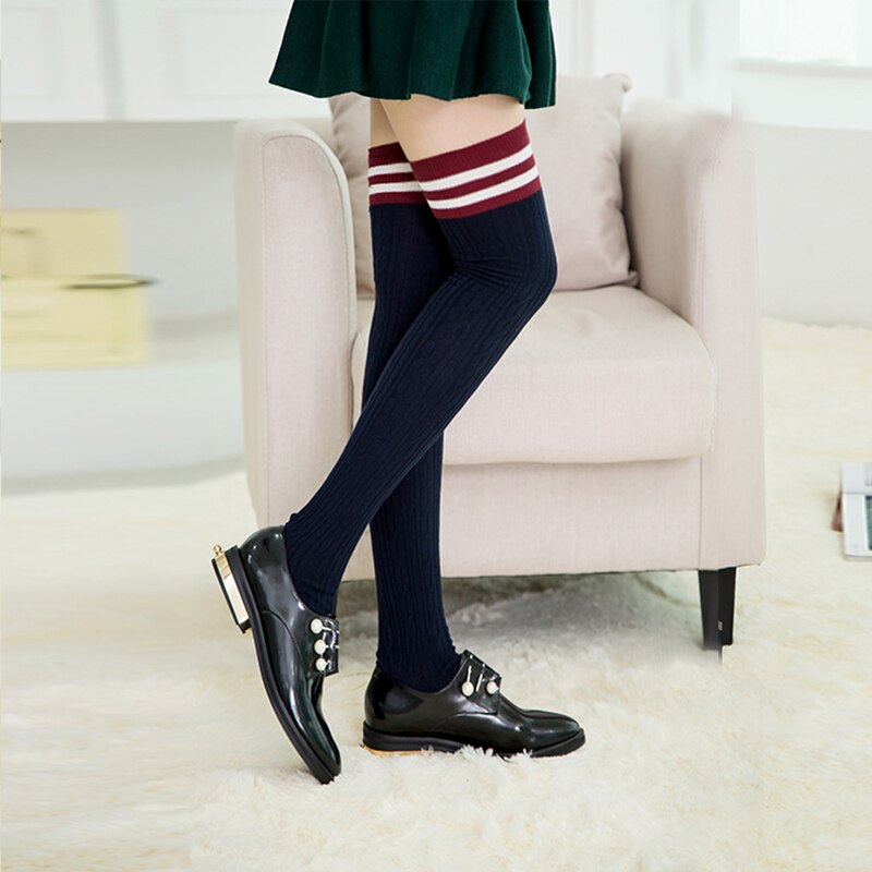 Kvinder bomuld lange strømper lår høje sokker passer ung dame forår udendørs aktiv slid stribet mønster strømpe
