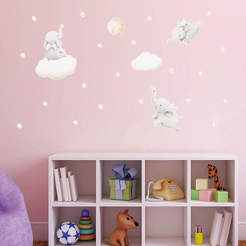 Cartoon Stars Cloud Wall Stickers Elephant Animal Sticker Baby Kids Room Decoration Nordic Style Nursery Plasic Wall Decals