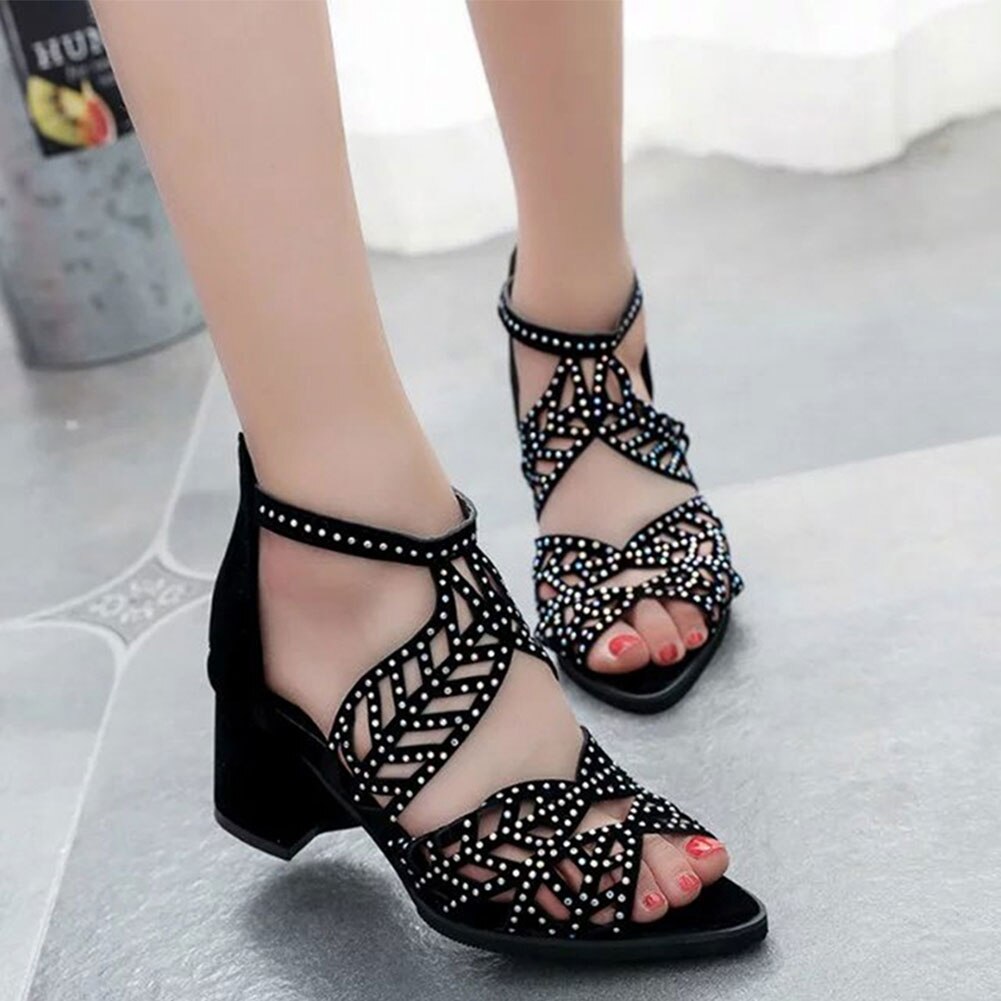 neue Stil Frauen Sommer Aushöhlen Faux Leder Strass Starke Ferse Reißverschluss Sandalen Schuhe Eur