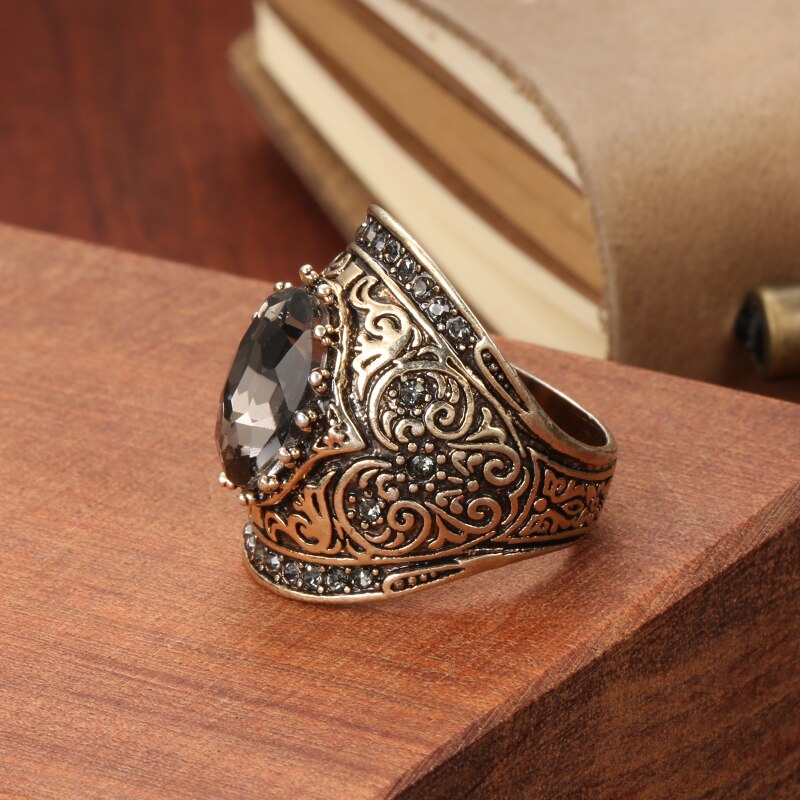 Kinel anéis vintage de cristal cinza quente para mulheres, ouro antigo e oval de zircônia, anéis étnicos para noivas, joias para casamento, acessórios de festa