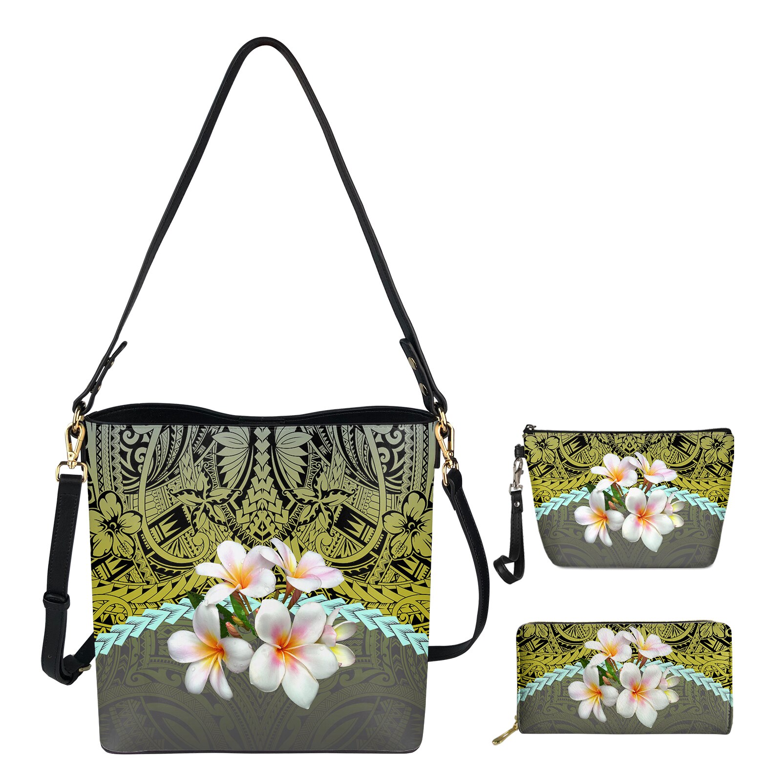 FORUDESIGNS Retro Polynesian Tribal Plumeria Gradienten 3D Druck frauen Handtasche Set Weibliche Reise Schulter Eimer Tasche Mit Geldbörse: Black / 3Pcs set