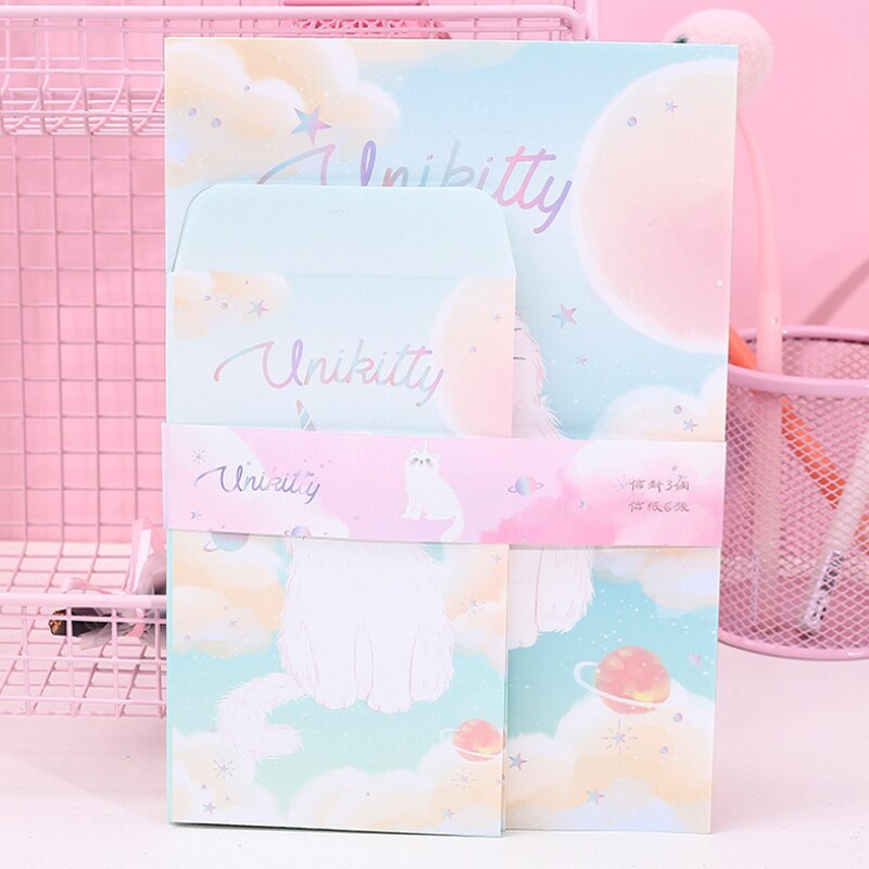 3 enveloppes + 6 lettres en papier, Kawaii, licorne chat, papeterie coréenne, fournitures scolaires et de bureau, enveloppe décorative de mariage