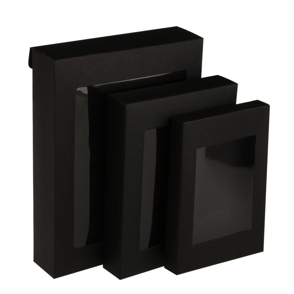 10Pcs Vintage Kraft Papier Box Kuchen Paket Klar PVC Fenster Süßigkeiten Verpackung Tasche Hochzeit Geburtstag DIY Party gefälligkeiten: Black / 17.5x13.5x3.5cm