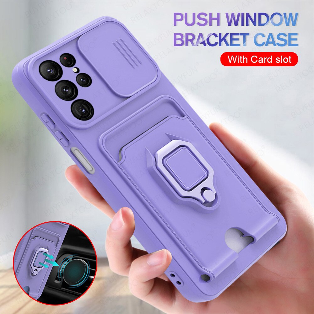 Voor Samsung S22 Ultra Case Push Camera Shockproof Cover Voor SamsungS22 Plus S 22 5G Auto Magnetische Houder Stand card Wallet Fundas