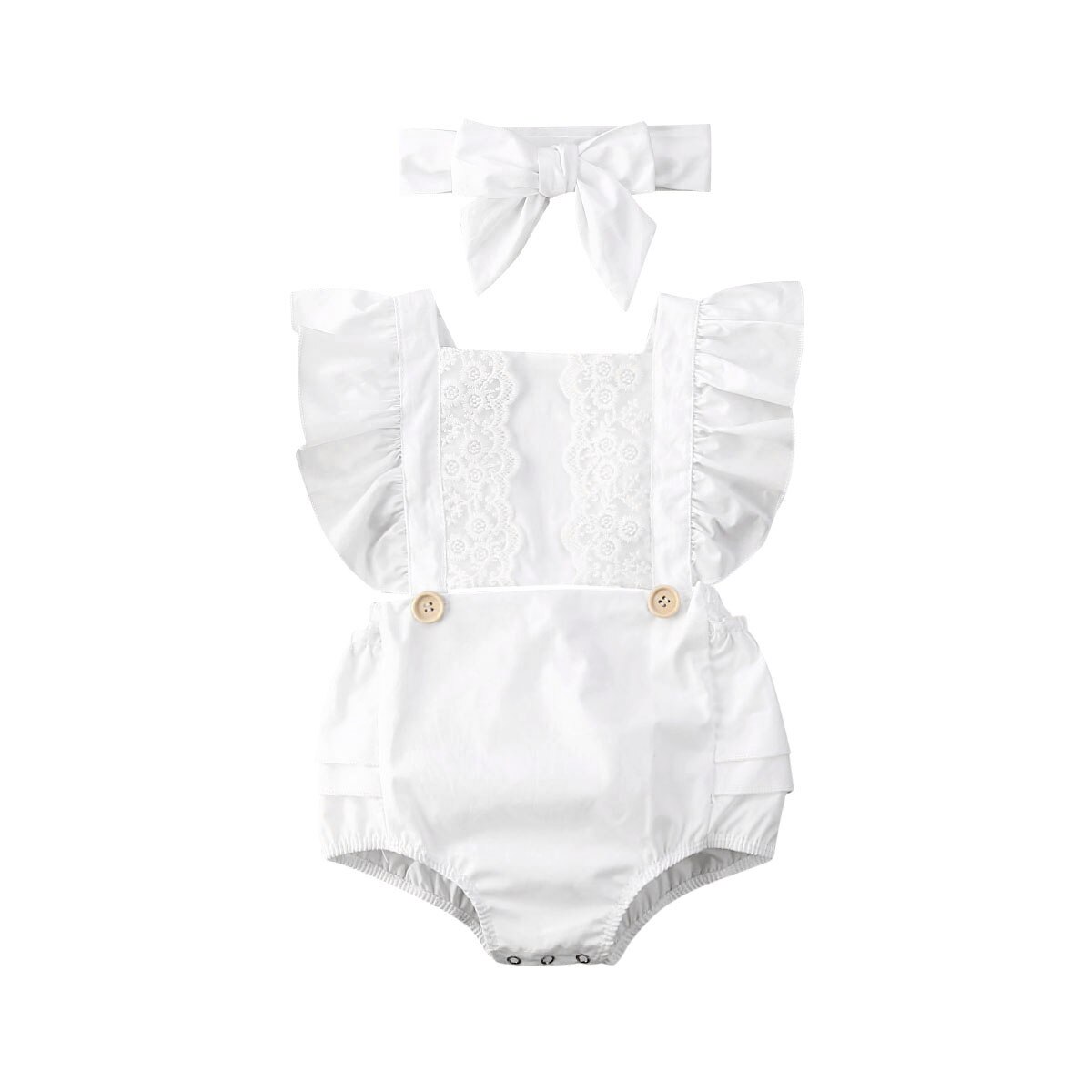 0-24M Säuglings freundlicher Baby Mädchen Jungen Bodys Stirnband Blumen- Spitze Rüschen Kurzarm Overall Stirnband 3 Farben: Weiß / 18m