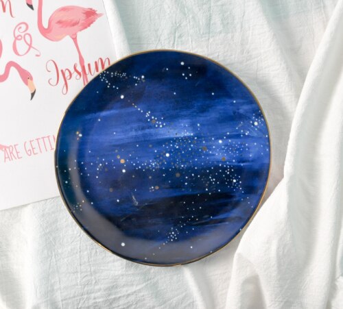 Styl skandynawski gwiaździsty niebieski talerz aksamitne ceramiczne talerze dekoracyjne ceramiczne okrągłe zastawa stołowa domowe talerze dekoracyjne talerz śniadaniowy: Srebrny