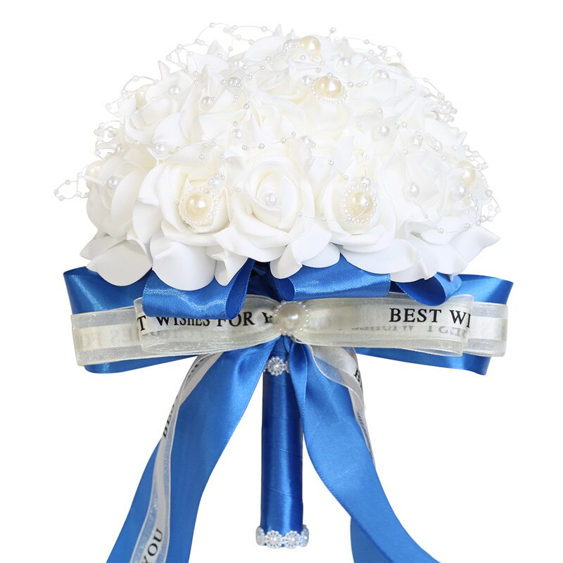 Fleur Rose PE Bouquet demoiselle d'honneur tenant des fleurs mariée ruban De soie Bouquets De Mariage mousse Rose avec perle fête De Mariage W205: white blue