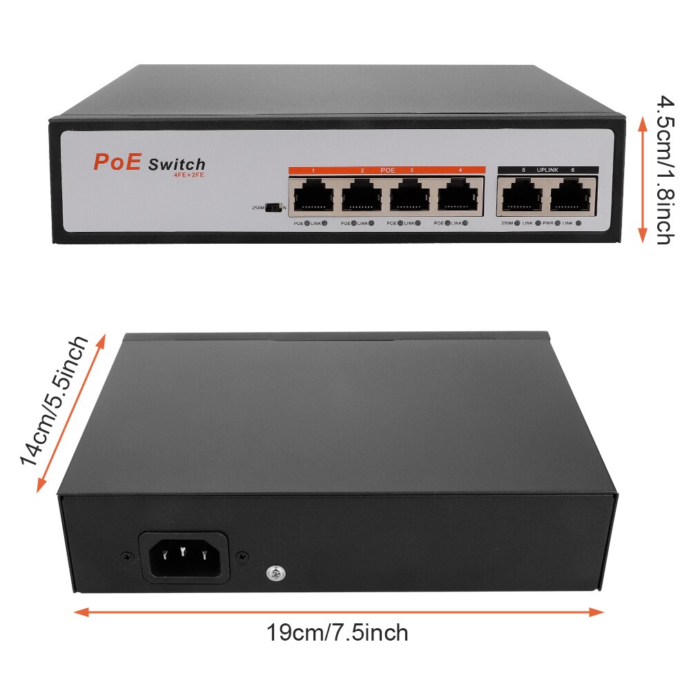 Poe 6 port switch 10m/100m switch til ip kamera ieee 802.3af/ ved poe power