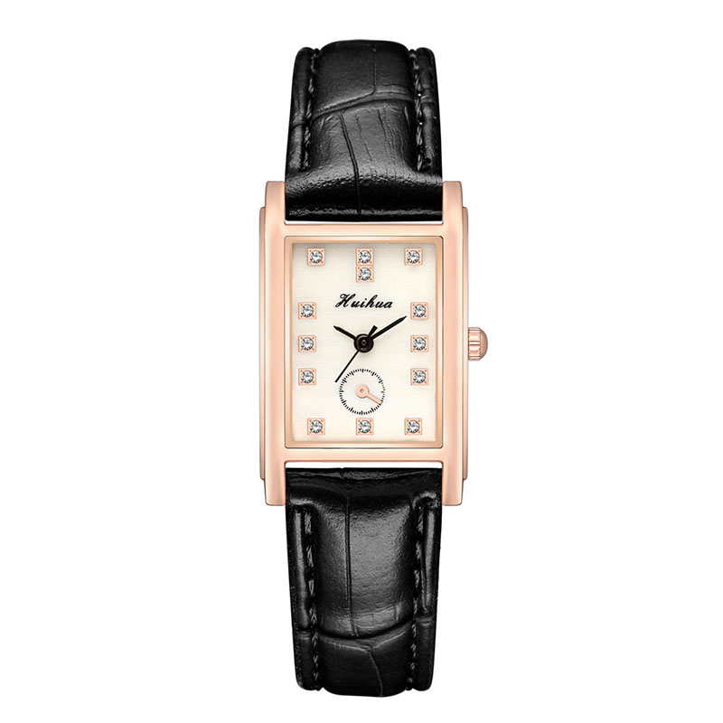 Reloj de correa de cuero fino para mujer, pulsera de mano rectangular con diamantes de imitación, a la , para estudiantes: black