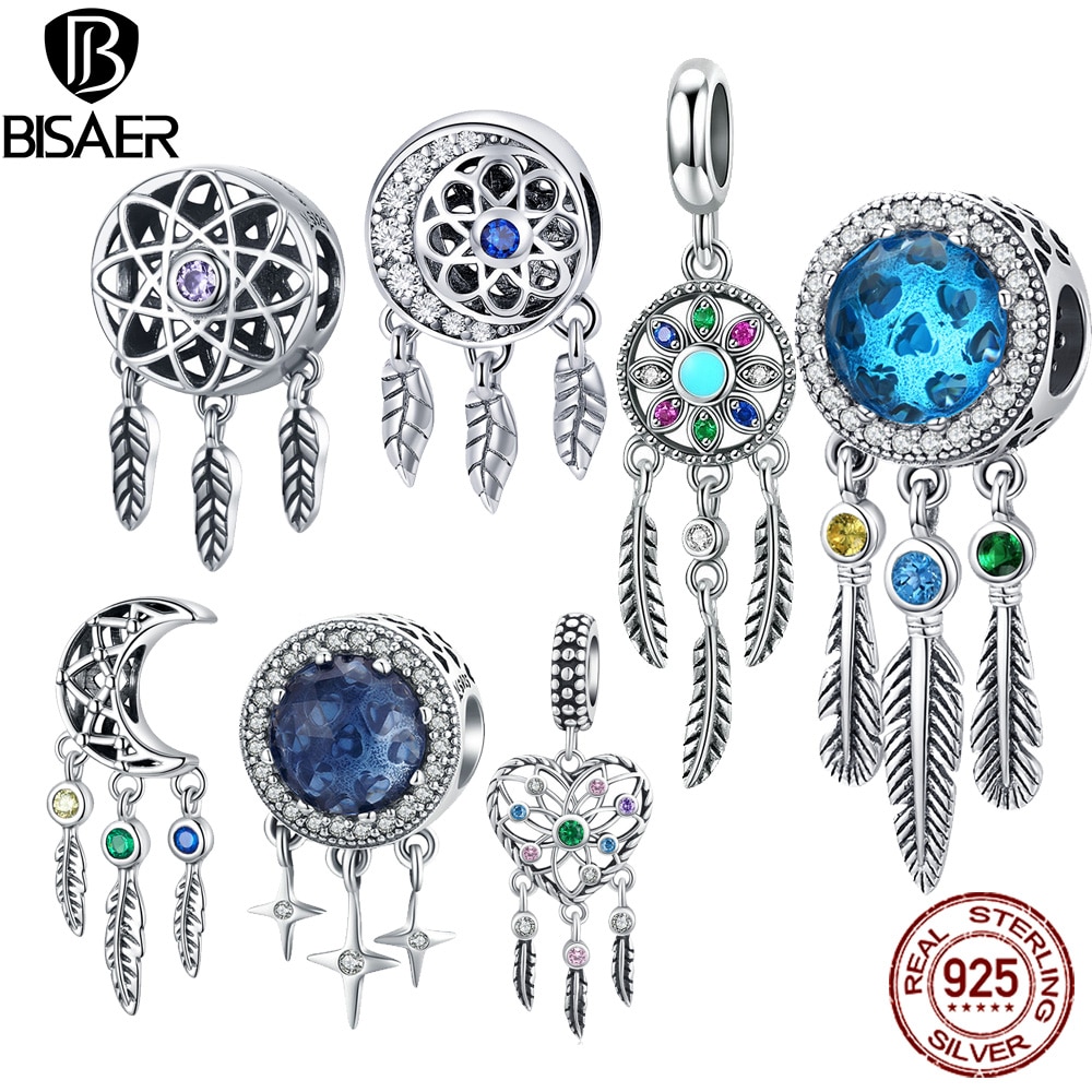 BISAER 925 Sterling Silver Beads Dreamcatcher Charms Dream catcher Beads Fit Charm Silver 925 Bracelet Vintage Jewelry ECC330