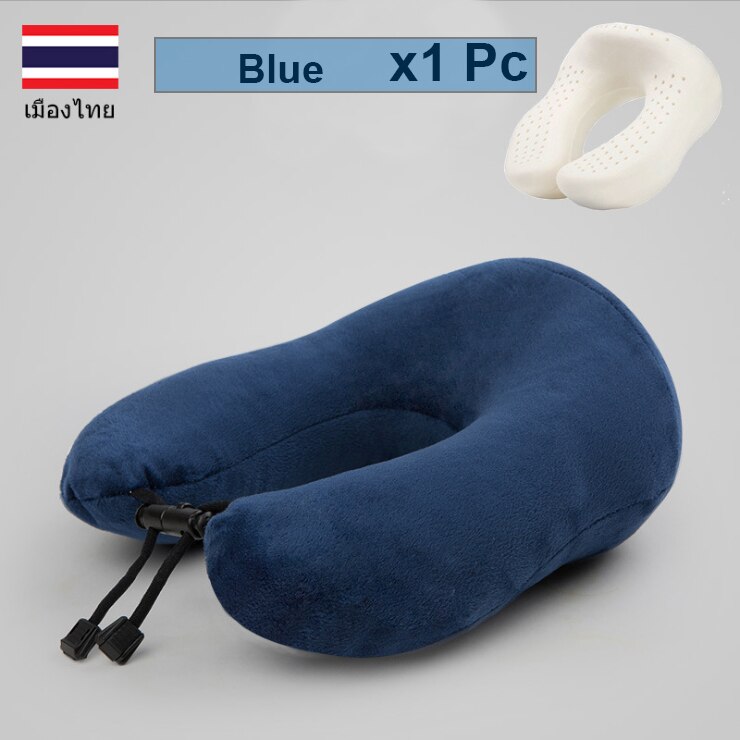 PurenLatex U Shape Travel Pillow Neck Protect Cervical Spine Thailand Pure Nature Latex Orthopedic Head Pillow Office Train: Blue x 1 pc