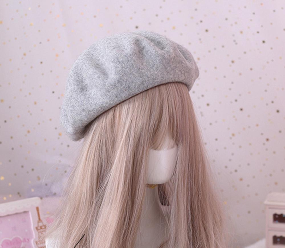 Solid Color Wool Beret for Women Girls Winter Autumn Beanit Hat: Gray