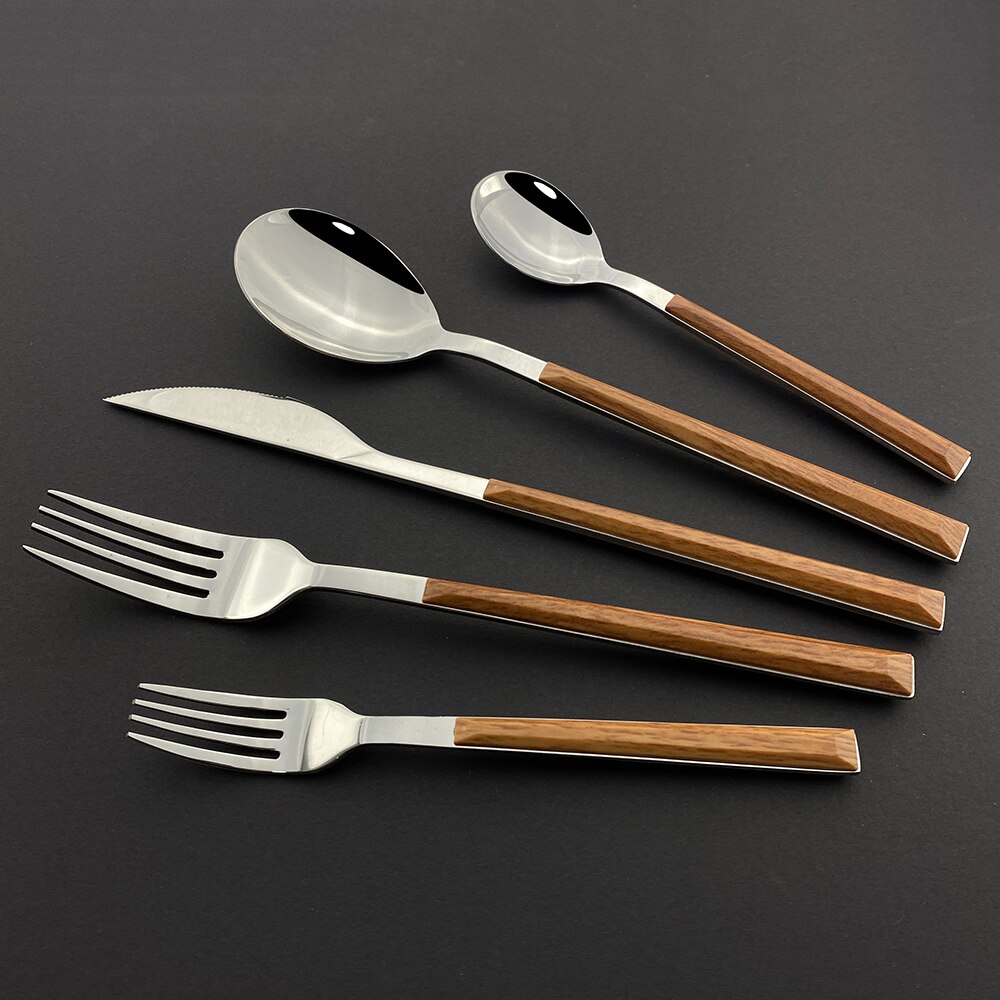 20Pcs Zilveren Houten Handvat Westerse Servies Set Roestvrij Stalen Bestek Set Mes Vork Lepel Theelepel Diner Servies Set
