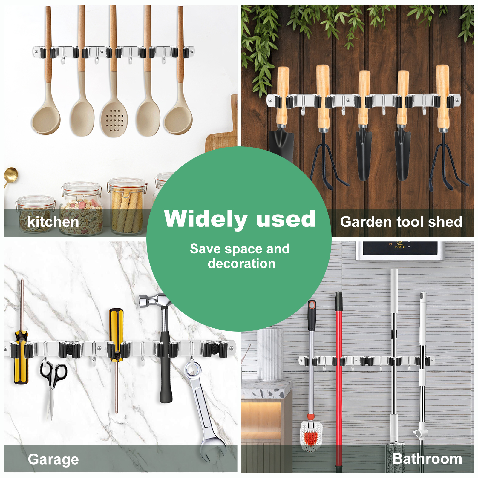 Mopp- och kvasthållare i rostfritt stål, väggmonterad, stark kvasthållare för badrumskök