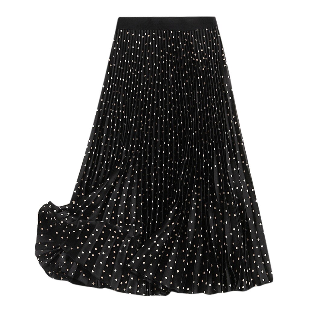 Geplooide Rokken Vrouwen Lente Rok Hoge Taille Dot Print Midi Rokken Elegante Maxi Lange Rokken Femme Faldas Mujer # T2G: Black  / M