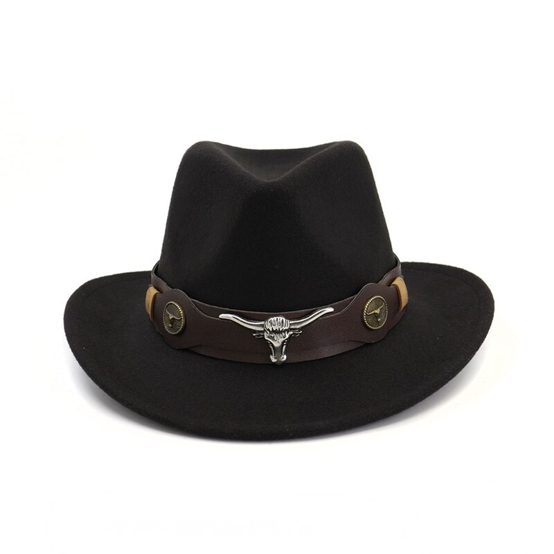 QBHAT-Sombrero de vaquero occidental de lana para hombre y mujer, gorro de Jazz de fieltro de ala ancha, decoración de Cabeza de Vaca, sombreros de Panamá para carnaval: Negro