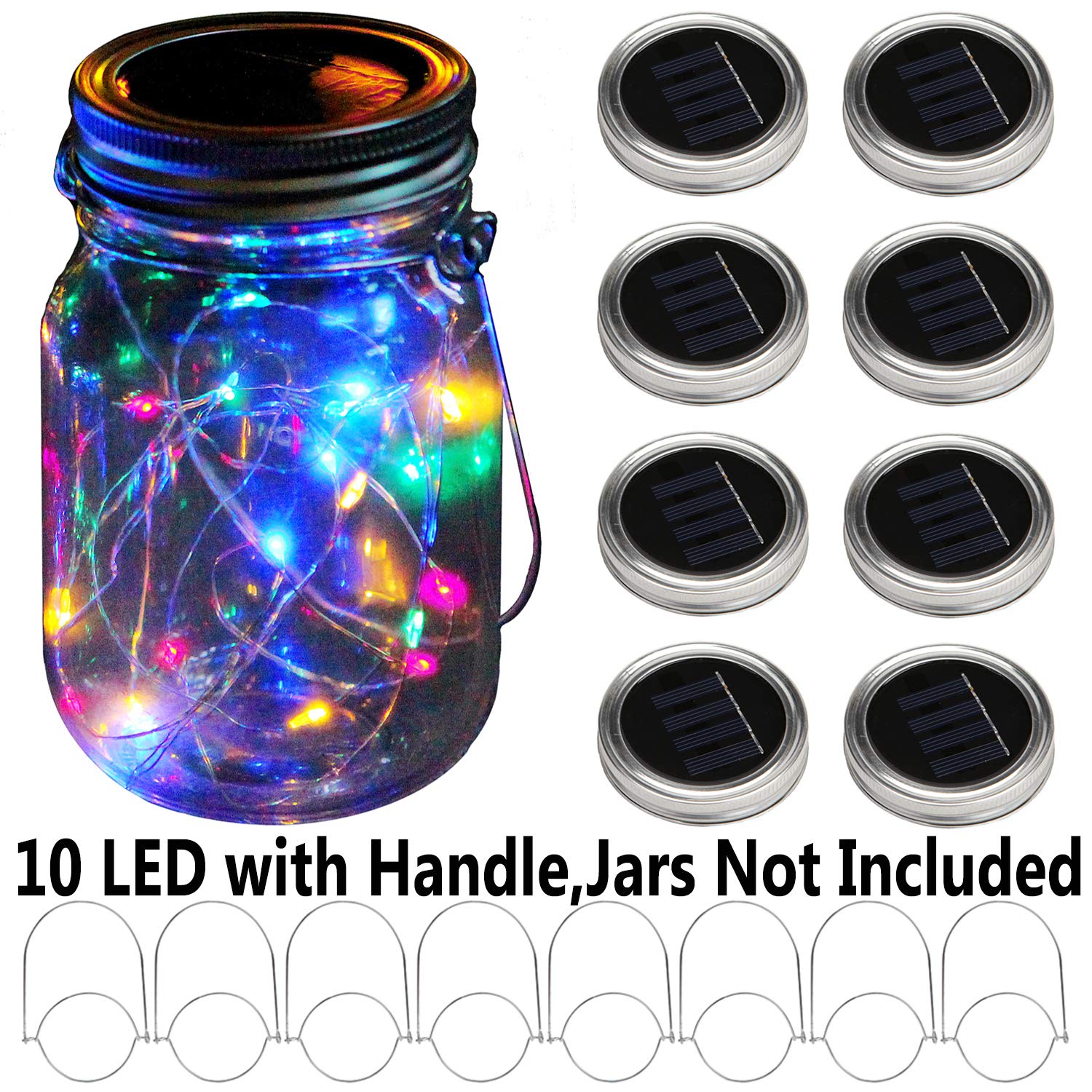 Solar--Einmachglas-Lichter mit 8 Griffen, 10 LED-Lichterketten, Feen-Solarlichter, Deckel, Glas-Dekoration, Garten, Party, Weihnachtsdekoration: RGB