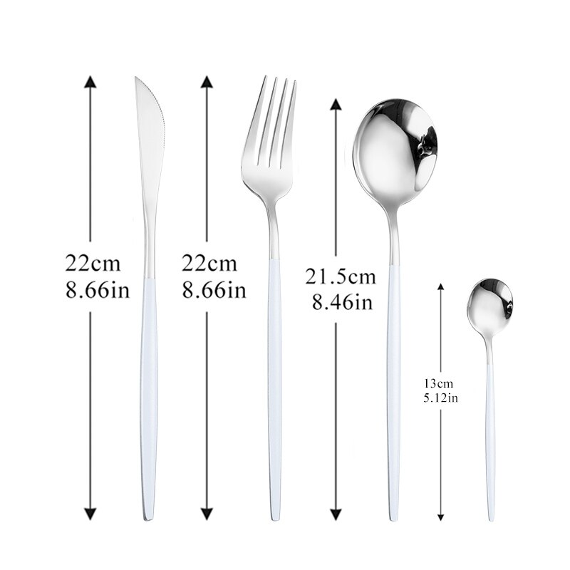 Kök rosa bestick servis set 304 rostfritt stål bestick hem gaffel sked kniv middag set lyx bestick set: Vitt silver