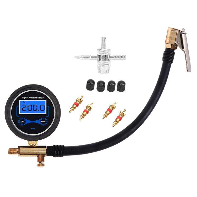 Digital Car Truck Air Tire Inflator Pressure Gauge with Air Chuck &amp; Hose Tire Pressure Gauge Tool for Car Truck Bike 200 Psi