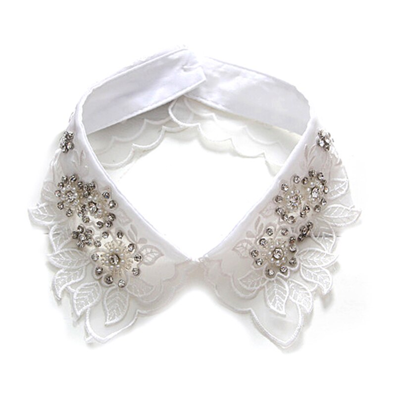 Frauen Abnehmbare Perle Weiß Shirt Spitze gefälschte kragen Stickerei zur Seite fahren Falschen Kragen Halskette