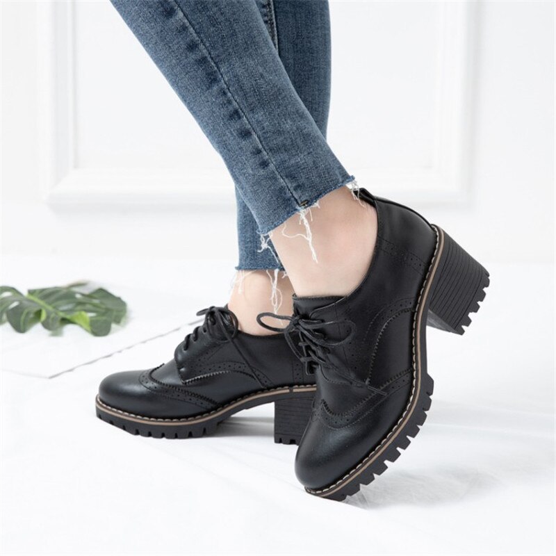 PXELENA britannique Vintage femmes richelieu chaussures gros bloc talons hauts pompes à lacets bureau dame quotidien Oxfords Wingtip Fretwork 43