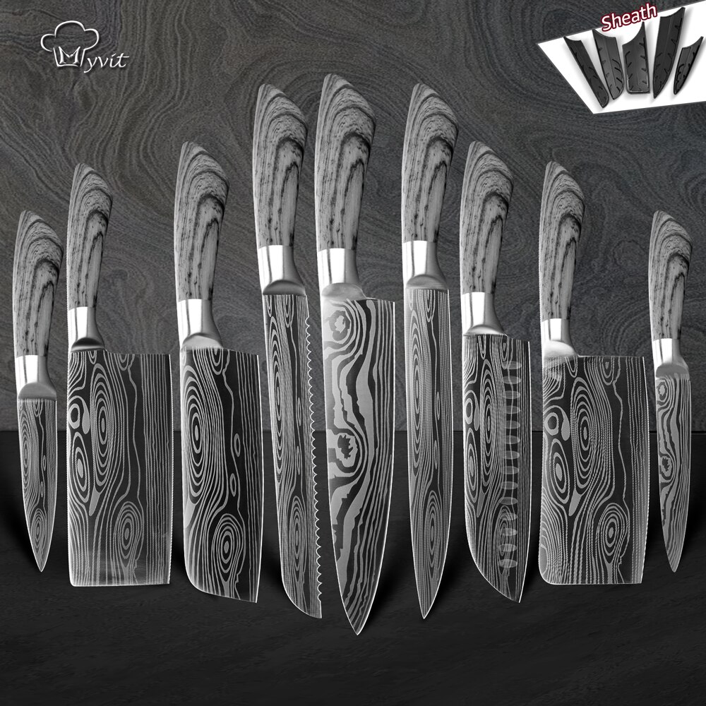 Cuchillo de cocina de acero inoxidable 7Cr17 440C, herramienta de Chef de Damasco para dibujar carne, Santoku, 1-9 piezas