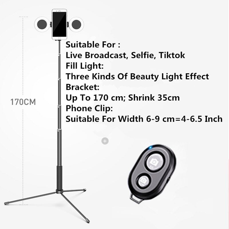 Bastão de selfie com luz de anel dupla led, 1.7m extensível, monopé, tripé para celular iphone x 8 android: Black