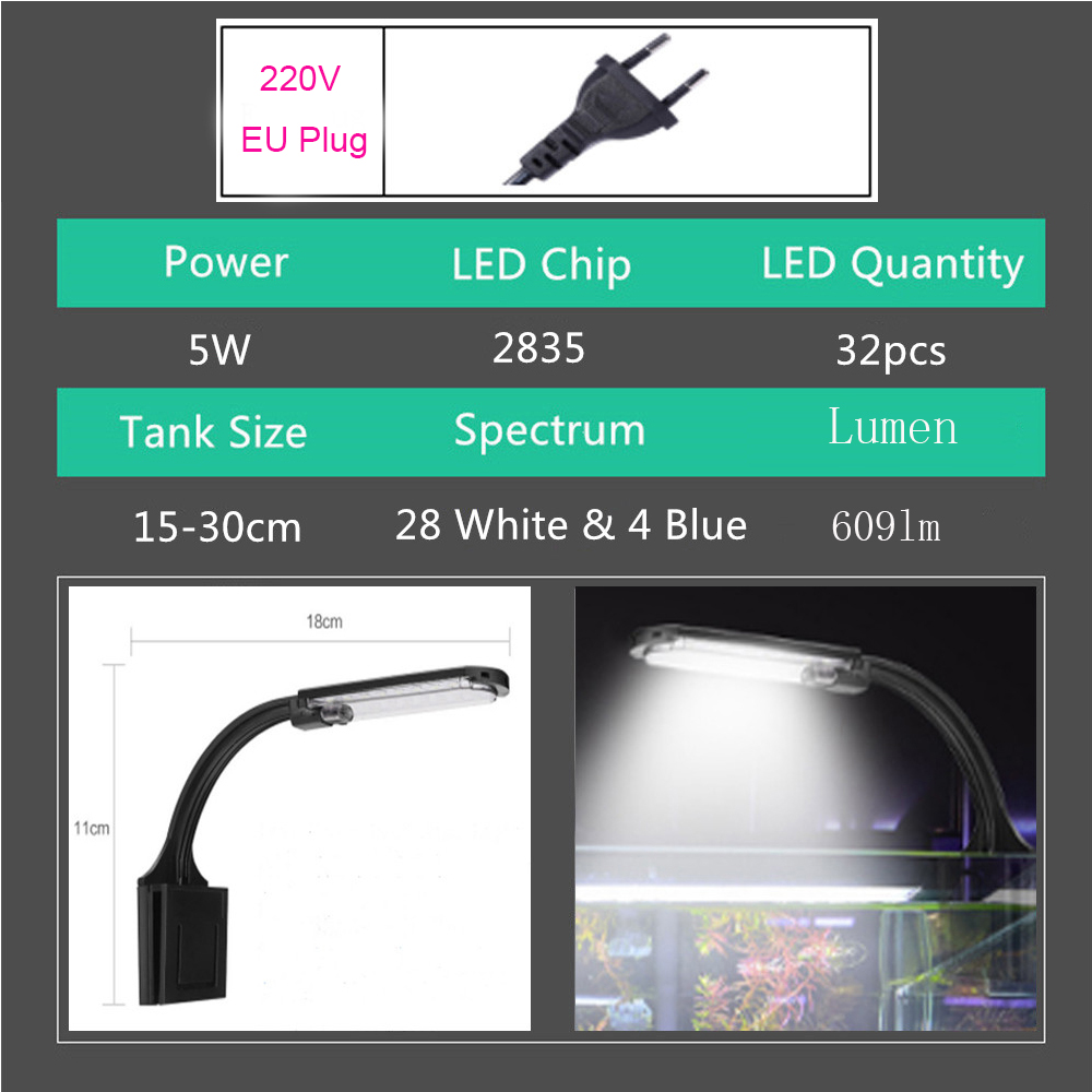 Akvarijné svetlo do akvária vysadené akvárium 10w/5w led svetlo do akvária led osvetlenie proti zahmlievaniu pripínacia lampa luces: X5m eu-zástrčka