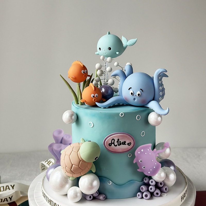 Décoration de gâteau océan poulpe, tortues, baleines, Poofish, rayons Manta pour enfants, décoration de gâteau de fête d'anniversaire, de réception pour bébé