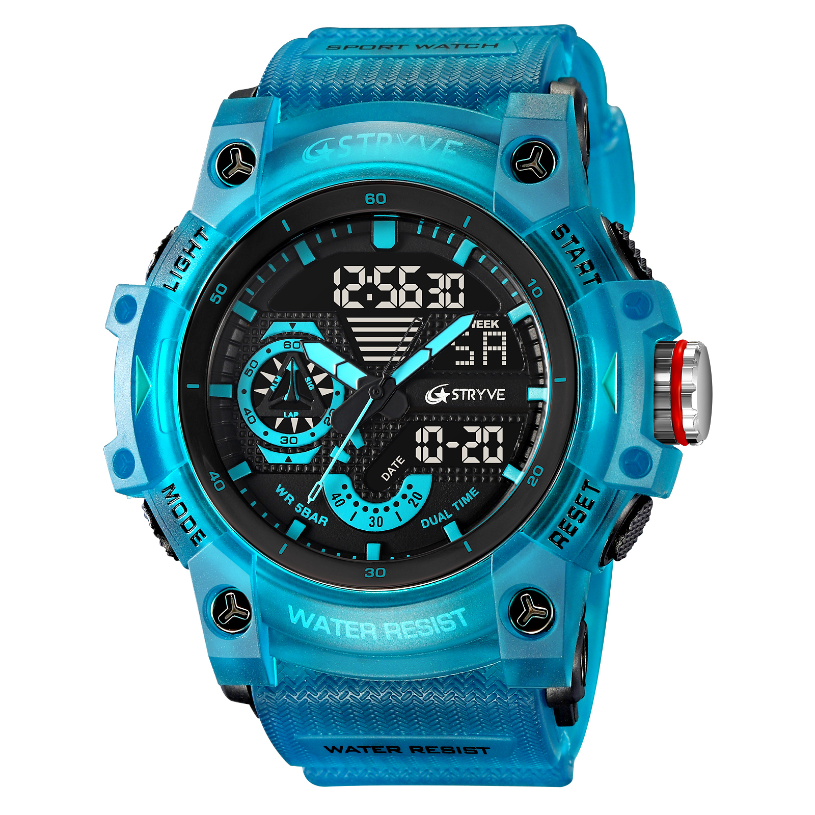 STRYVE Watch 8029 Popular Sports Men's Watch Good Analog-Digital Dual Movement Calendar Luminous Waterproof Watches: Blue