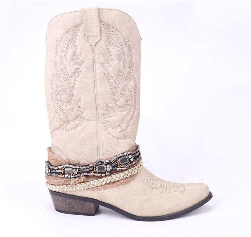 Top. Damet femmes genou haute botte Cowboy Cowgirl bottes avec dentelle et chaîne décoration Western chaussures sans lacet moto bottes femme: Nude / 9.5