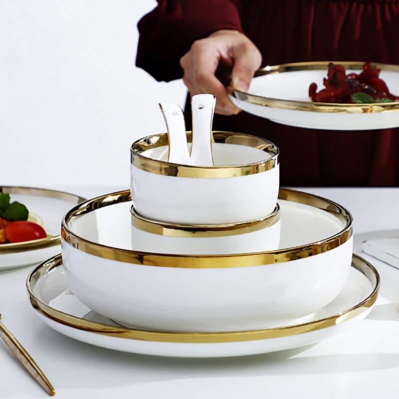 Ceramic Gold Plated Edge Plate Tableware Set White Porcelain Dinner Plate Household Kitchen Rice Bowl Salad Dish Steak Tray