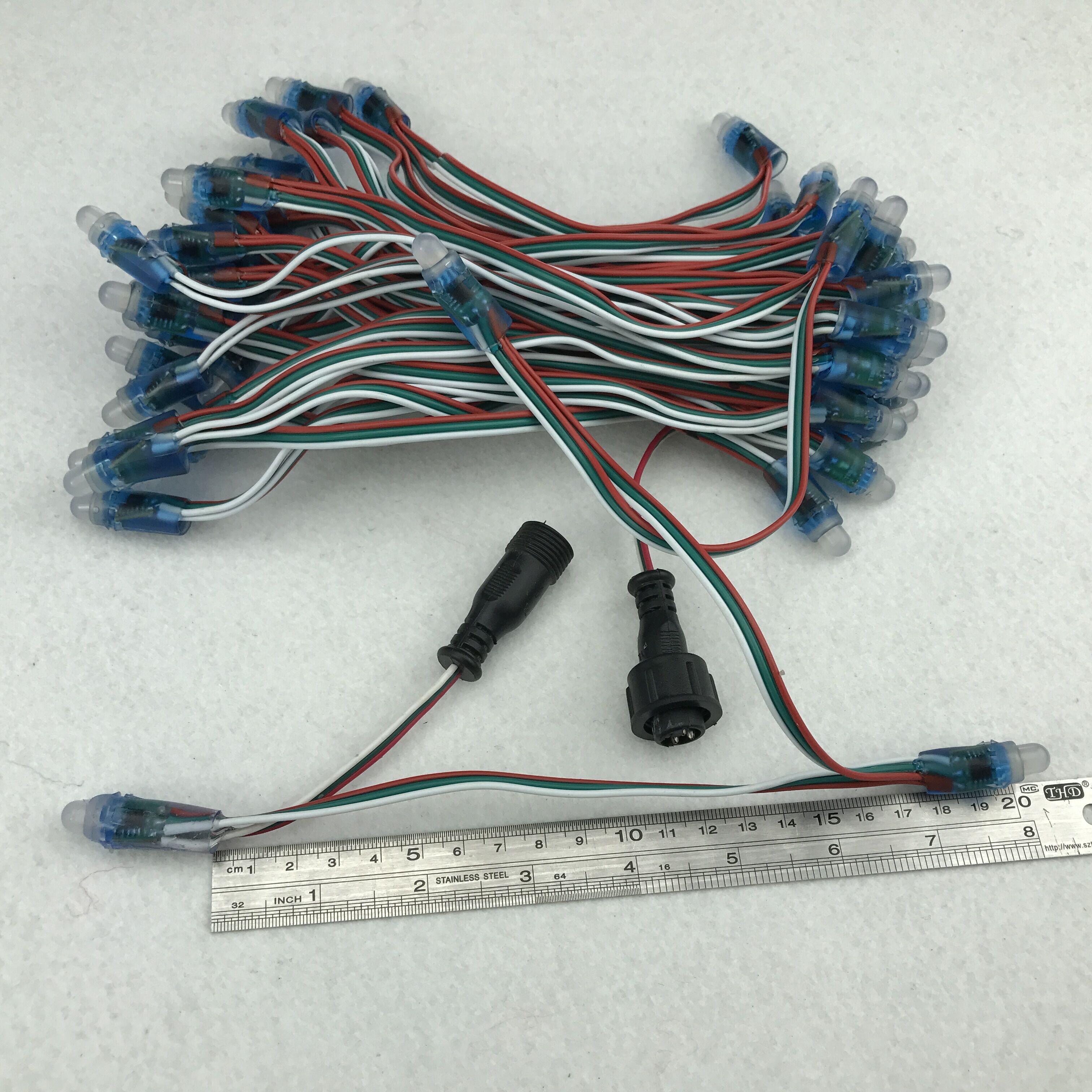 WS2811 DC5V 50nodes addressable LED pixel string;IP68;18cm wire spacing;RGB full color;24AWG wire;13.5mm waterproof pigtails