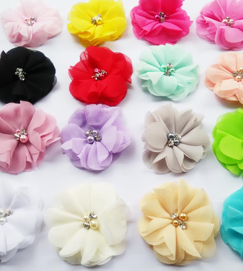 3 "Chiffon Blumen Perlen Spitze Haar Blume Für Stirnbänder Haarschmuck 50 stücke Profi Los: gemischt Farbe