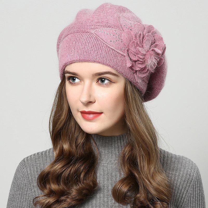 Brand Female Beret Wool Knitting Cap Hat Autumn Winter Floral Women Berets: Pink