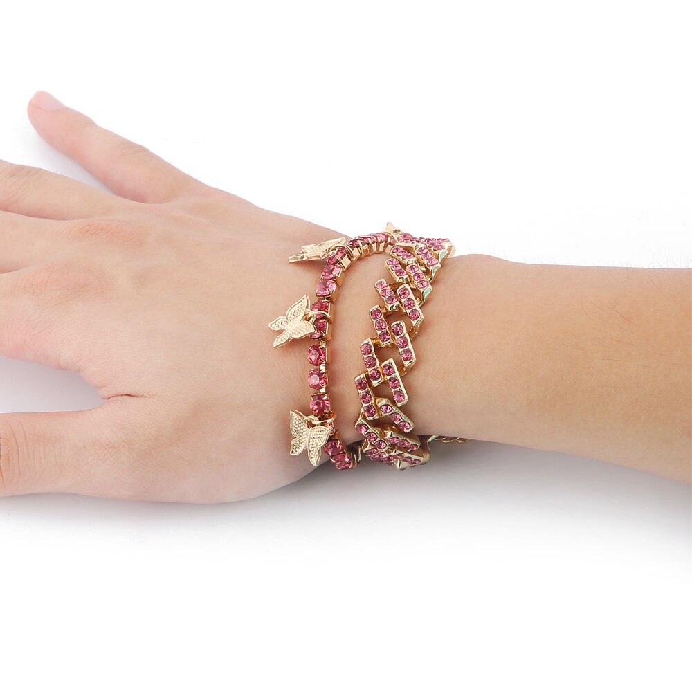 Rhinestone sommerfugl armbånd sæt charms cubanske armbånd til kvinder iset ud cubanske link kæde trendy krystal smykker: Lyserød