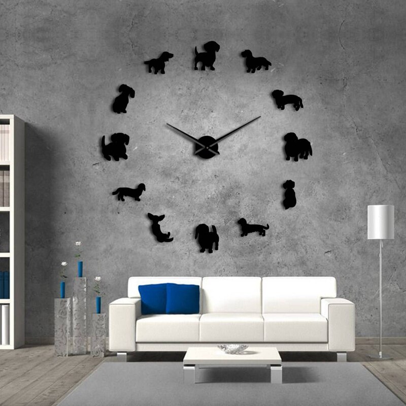 Dachshund wall art wiener-dog valp hund kjæledyr rammeløs gigantisk veggklokke med speil effekt pølse hund stor klokke veggklokke