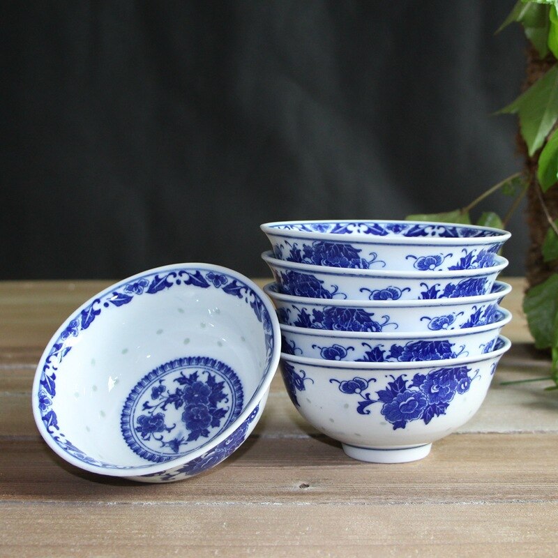 Jingdezhen Blau und Weiß Porzellan Geschirr Keramik exquisit Schüssel Porzellan Schüssel 5 Zoll Reis Schüssel einstellen Haushalt Schüssel und Erzähler: 5 Zoll Linglong klein Peony 5
