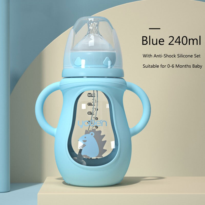 Cute Glass Baby Bottle Silicone Straw Water Drink Bottles For Baby Milk Feeder Set Baby Feeding Bottle Newborn Baby Bottle: Blue 240ml