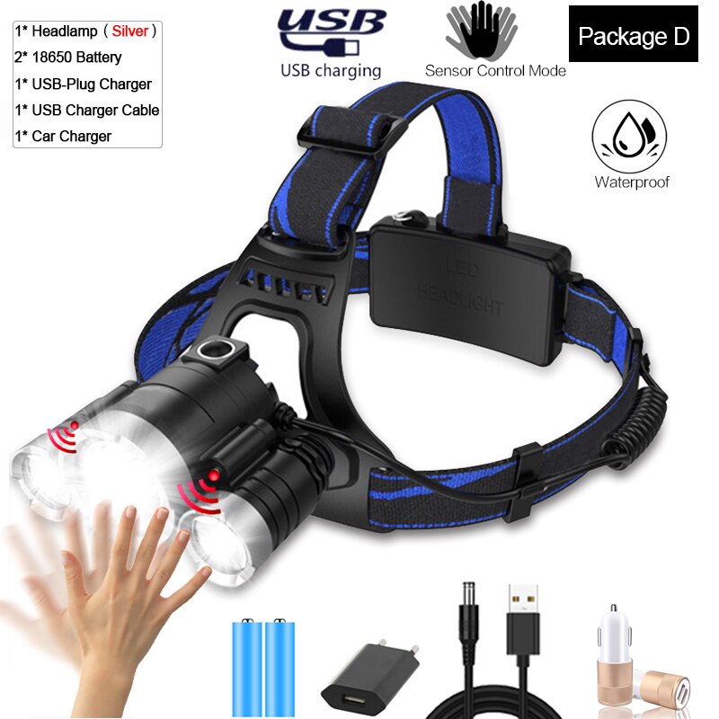Super Leistungsstarke Sensor Scheinwerfer Wiederaufladbare Körper Motion Sensor Scheinwerfer Wasserdichte LED Kopf Licht USB Kopf Vorder Taschenlampe 18650: Package D