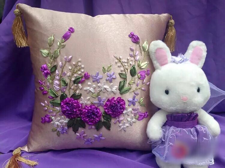 1pcs 40x40cm blue red flower Ribbon embroidery kit cushion pillow cover set handcraft DIY handmade needlework art home decor: Purple / Unfinished kit