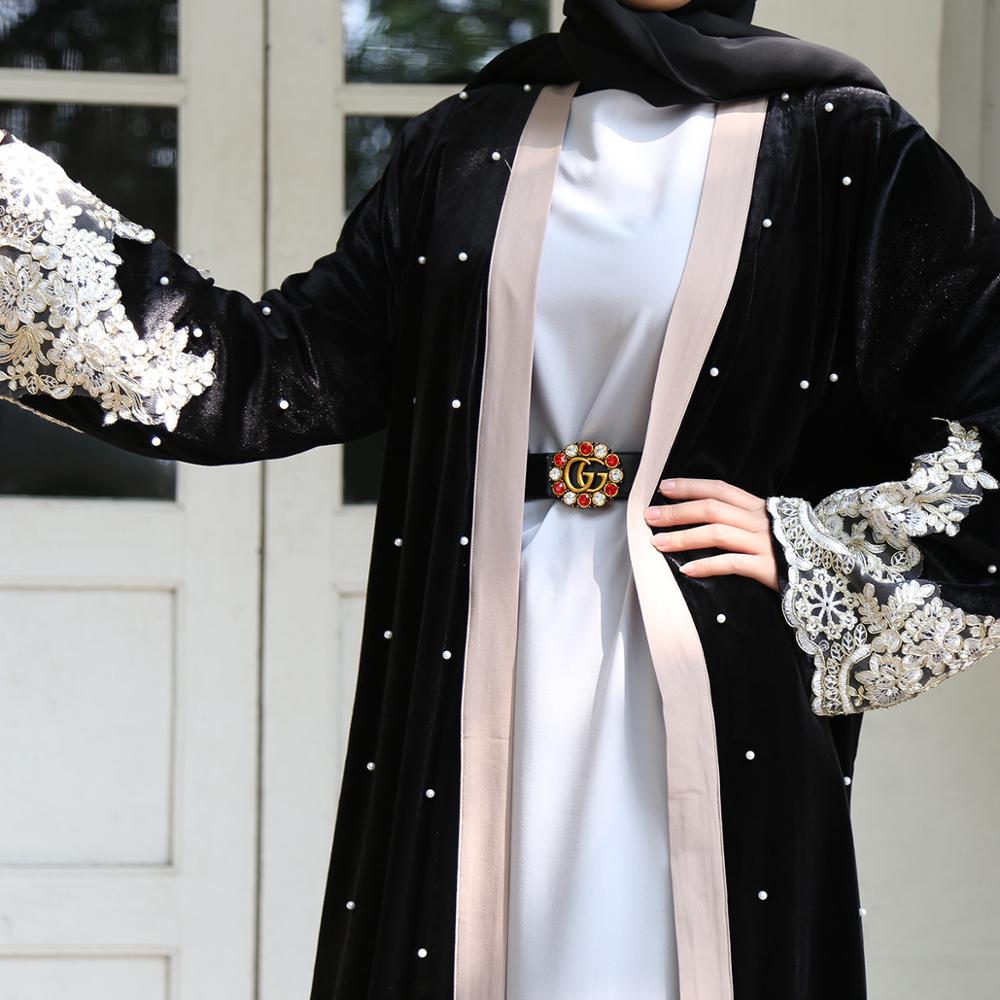Abaya långärmad pärlstav spets guld sammet kofta dubai islamisk mantel turkiet mellanöstern kvinnor