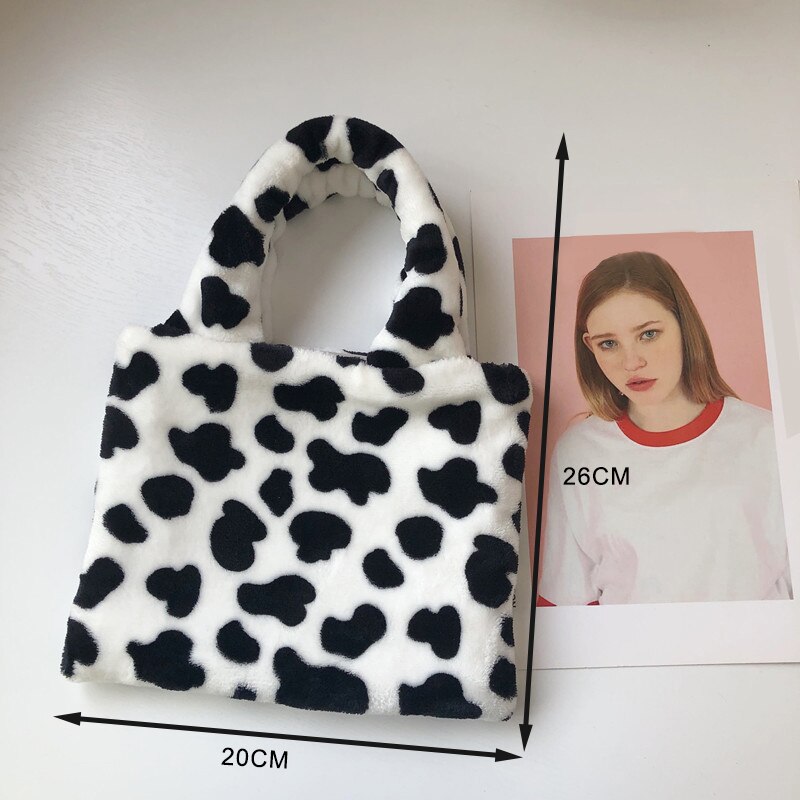 Vrouwen schoudertassen met koeienpatroon, dames pluche handtas, cartoon tassen voor dames, casual tas, mini-portemonnee met rits